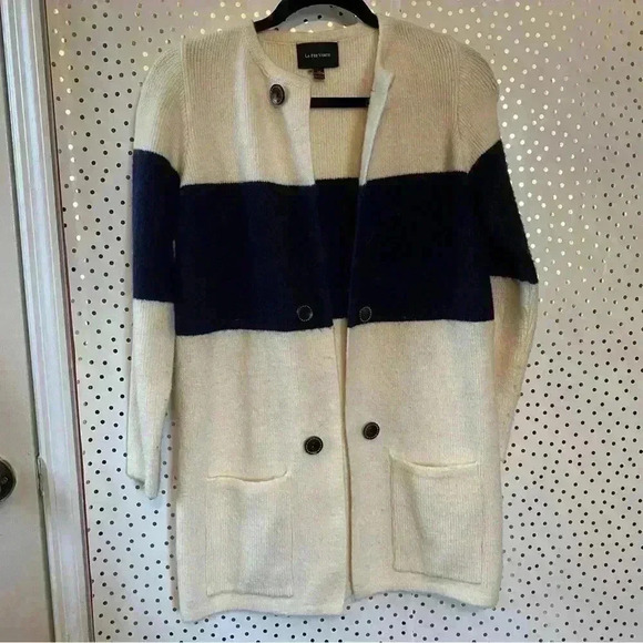 La Fee Verte Wool Navy Blue Cream Long Cardigan - Picture 3 of 7